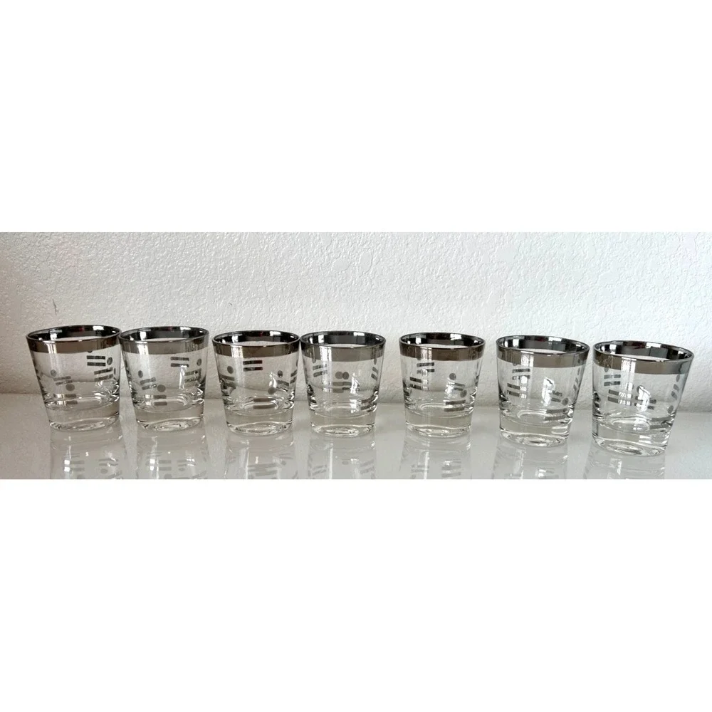 Vintage 1960 Metalyte Dorothy Thorpe Style Silver Dot Dash Rock Glass Set 7 MCM